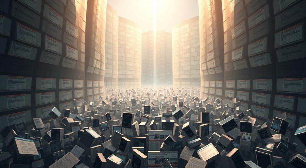Massive, towering echo chambers of information silos loom in the digital landscape, their walls shimmering with a hazy, distorted glow. In the foreground, fractured fragments of social media posts and news headlines swirl, trapped in an endless loop of repetition. The middle ground is a maze of mirrored screens, reflecting and amplifying the same narrow perspectives. The background fades into a nebulous void, a metaphor for the isolation and disconnection fostered by these insular spaces. A single beam of light, piercing through the chaos, offers a glimmer of hope for breaking free from the confines of the false consensus effect.