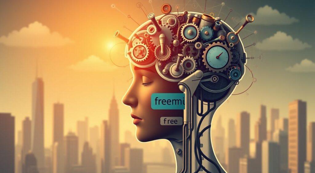 Psychological Drivers Behind Freemium: A detailed digital illustration depicting the underlying psychological mechanisms that drive the freemium business model. In the foreground, an abstract human mind filled with cogs, levers, and gauges, symbolizing the complex cognitive processes involved. The middle ground features a freemium product or service, with a prominent 'free' label and tantalizing premium features. In the background, a stylized city skyline represents the wider market and consumer landscape. The lighting is soft and warm, creating a contemplative mood, while the lens is slightly wide-angled to convey the interconnected nature of the subject. The overall composition aims to visually encapsulate the psychological drivers that make freemium so effective and compelling.