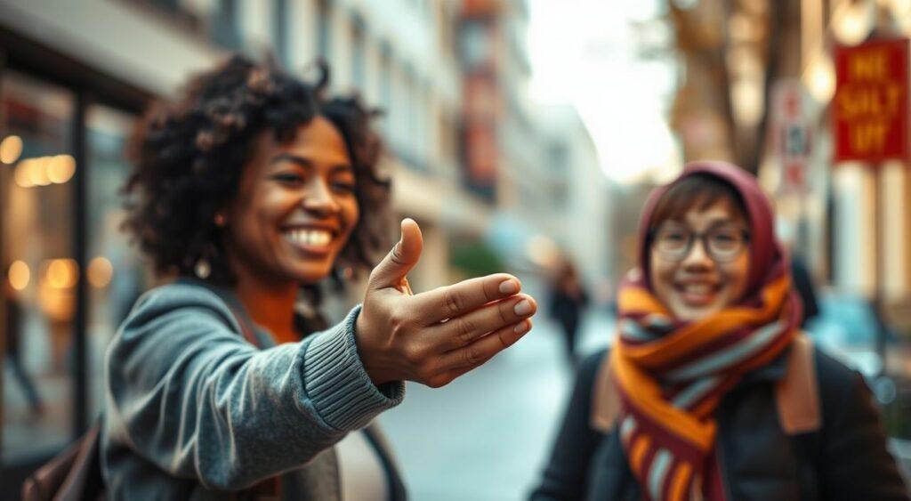 Unsolicited favors unfold in a captivating scene. In the foreground, a person extends a helping hand, their expression radiating genuine care. The middle ground depicts the recipient, their face a mix of surprise and gratitude, as the unexpected gesture takes them aback. In the background, a softly blurred urban setting serves as a calming backdrop, emphasizing the interpersonal connection. The lighting is warm and inviting, creating a sense of comfort and trust. The overall composition suggests the profound impact of small, unasked-for acts of kindness, their ripple effects felt beyond the immediate interaction.