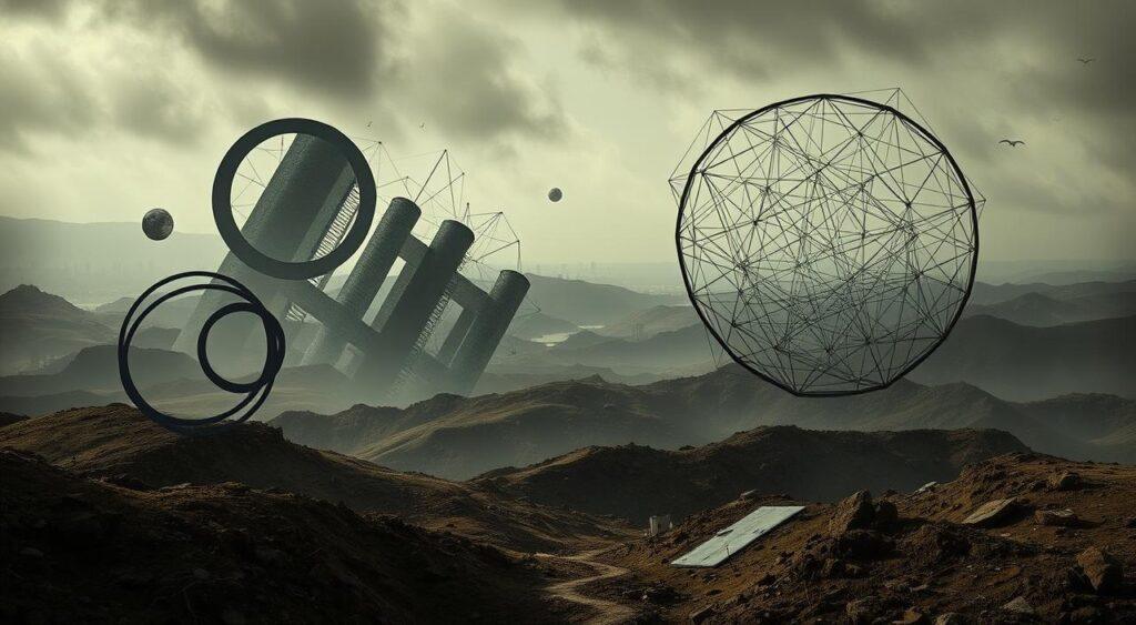 economic theory limitations: a surreal, partially abstracted landscape depicting the constraints and shortcomings of mainstream economic models. In the foreground, a series of looping feedback loops and tangled networks symbolize the complex, interconnected nature of economic systems. The middle ground features distorted geometric shapes and fragmented data visualizations, representing the limitations of quantitative approaches. In the distant background, a hazy, dreamlike skyline suggests the intangible, elusive aspects of economic reality that resist simplistic modeling. Muted, subdued colors evoke a sense of uncertainty and unease, while dramatic lighting casts long shadows, conveying the hidden complexities and unintended consequences within economic theory.