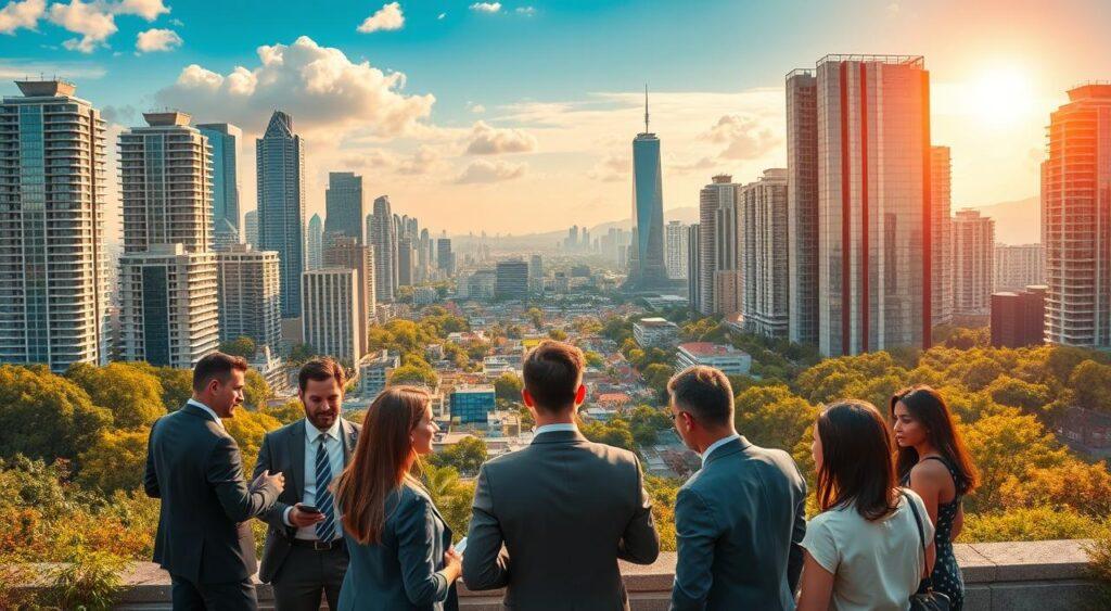 entrepreneurs economic growth - a bustling city skyline with modern high-rise buildings, bustling with activity and energy. In the foreground, a group of well-dressed individuals - executives, innovators, and visionaries - engaged in animated discussions, making deals, and brainstorming new ideas. The middle ground features a diverse array of start-ups and small businesses, each with its own unique identity. The background is a vibrant, colorful landscape, filled with lush greenery, azure skies, and the sun's warm, golden glow illuminating the scene. The overall atmosphere conveys a sense of optimism, progress, and unbridled potential, capturing the spirit of entrepreneurship and its role in driving economic growth.