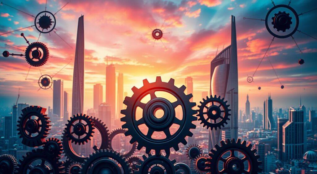 strategic innovation business growth: A dynamic landscape of interconnected ideas, intricate gears, and vibrant colors. In the foreground, a central gear mechanism represents the core of strategic innovation, its cogs and wheels symbolizing the complex yet harmonious processes driving business growth. The middle ground features a futuristic cityscape, towering skyscrapers and sleek, modern architecture reflecting the progressive, forward-thinking nature of strategic innovation. In the background, a vibrant, gradient-filled sky casts a warm, inspirational glow, evoking a sense of possibility and optimism. Lighting is soft and diffused, creating a sense of depth and dimensionality. The overall composition aims to capture the essence of strategic innovation as a powerful, multi-faceted engine for driving business success and expansion.