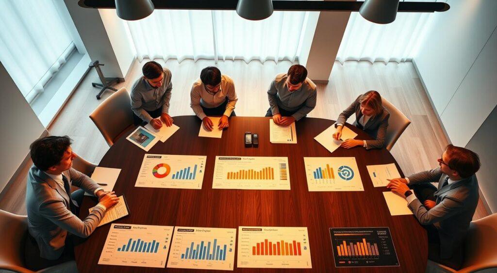 A boardroom table with a top-down view, illuminated by warm, directional lighting. On the table, colorful graphs, charts, and budget allocations visualize the flow and distribution of business resources. The background is a modern, minimalist office space with large windows, casting a soft, natural glow. A team of executives, dressed in formal attire, lean in, engaged in a collaborative discussion, their expressions focused and thoughtful. The overall atmosphere conveys a sense of strategic planning, analytical decision-making, and the dynamic allocation of organizational resources.