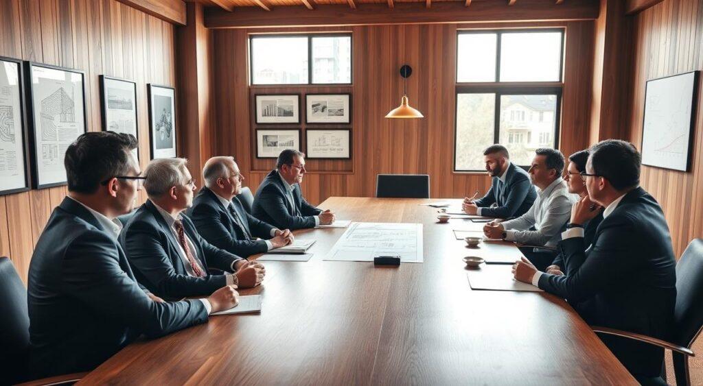 A boardroom with a large oak table, executives in suits engaged in a thoughtful discussion, their body language conveying careful consideration. Bright natural light streams through floor-to-ceiling windows, casting a warm glow on the scene. The room's walls are adorned with framed architectural plans and strategy diagrams, hinting at the gravity of the decisions being made. An air of focused determination permeates the space, as the leaders seek to align their vision and priorities for the company's future.