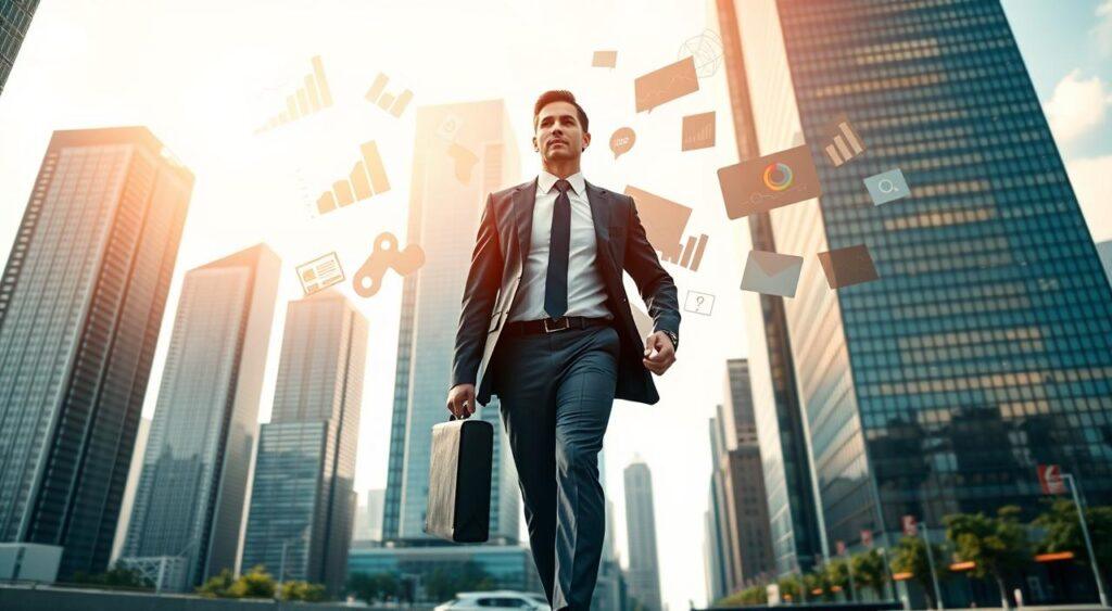 A bright, dynamic cityscape with towering skyscrapers reaching towards the sky. In the foreground, a businessperson strides confidently, carrying a briefcase and dressed in a sharply tailored suit. Their expression is one of determination, suggesting the high-leverage actions they are about to take. In the middle ground, various symbols of business and technology - charts, graphs, computer screens - float in the air, hinting at the complex decisions and strategic thinking required. The background is bathed in a warm, golden light, creating an atmosphere of opportunity and growth. The overall scene conveys a sense of focused energy, where small but impactful choices can yield outsized results.