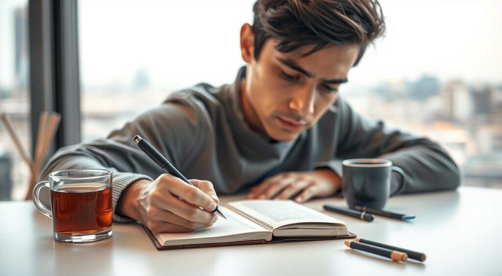 A brilliantly lit, high-resolution photograph of a person meticulously crafting their words on a crisp white notepad, surrounded by a minimal workspace with carefully arranged writing instruments and a cup of hot tea. The subject's face is in contemplative focus, highlighting the mental process of selecting each word with precision. In the background, a softly blurred cityscape or nature scene evokes a sense of calm, underscoring the importance of mindful communication. The image conveys the essence of the "weasel words mental model" - the discipline of expressing oneself clearly and concisely.