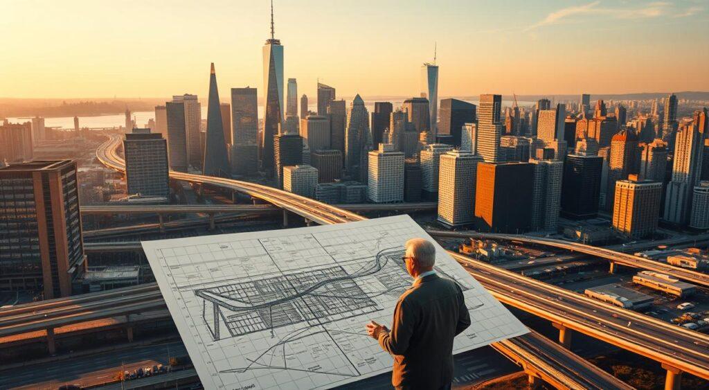 A bustling city skyline at golden hour, with towering skyscrapers and a network of bridges and overpasses. In the foreground, a lone figure, presumably Horst Rittel, stands contemplating a detailed city planning diagram. The image is bathed in warm, ambient lighting, casting long shadows and highlighting the intricate details of the urban landscape. The overall mood is one of thoughtful contemplation, capturing the essence of Rittel's pioneering work in the field of urban planning theory.