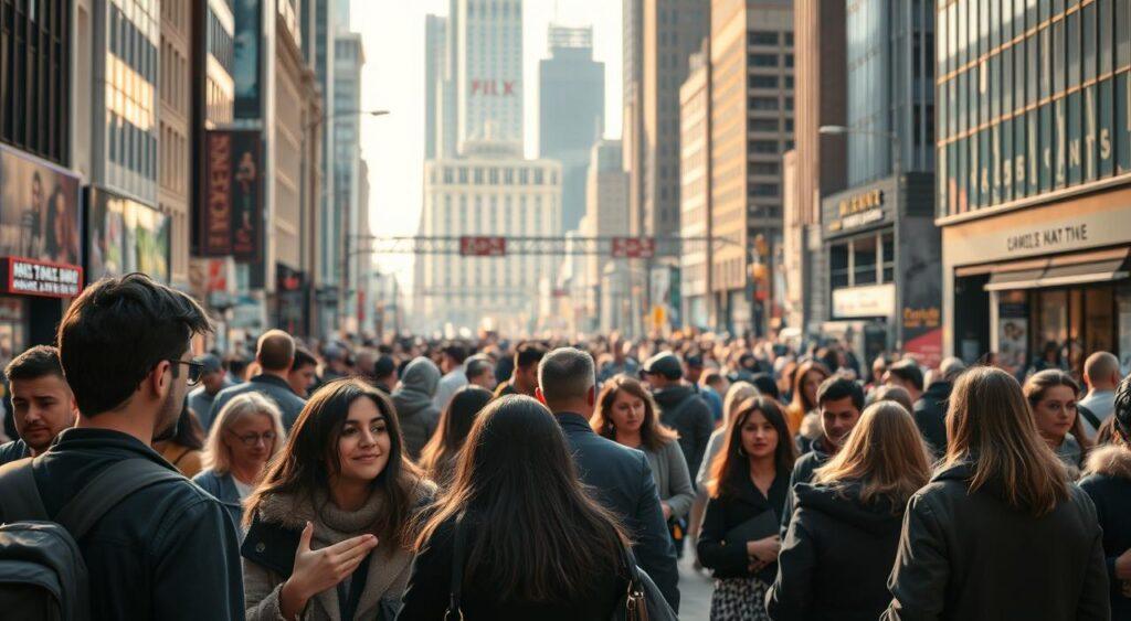 A bustling city street, with people navigating the dynamic flow of social interactions. In the foreground, a group of individuals engaged in animated discussion, their gestures and facial expressions conveying a sense of interconnectedness. The middle ground reveals a diverse array of pedestrians, each with their own unique paths and perspectives, creating a tapestry of human experience. In the background, towering buildings and infrastructure serve as a metaphor for the complex systems that shape and are shaped by the individuals within. The scene is illuminated by a warm, natural light, casting a reflective, pensive mood that invites the viewer to consider the reciprocal nature of individual and societal dynamics.