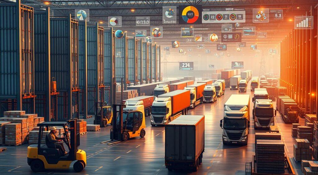 A bustling logistics hub, with towering warehouses and streamlined transportation solutions. In the foreground, autonomous forklifts efficiently move pallets, while in the middle ground, a fleet of hybrid delivery trucks navigates a network of well-organized storage and distribution centers. In the background, a complex web of data visualizations and analytics dashboards provide real-time insights into the supply chain, guiding strategic decision-making. The scene is bathed in a warm, amber-toned lighting, creating a sense of productivity and technological sophistication. The overall atmosphere conveys a well-oiled, integrated supply chain system that seamlessly optimizes the flow of goods and information.