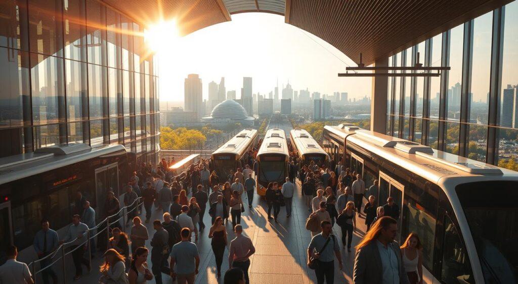 A bustling urban scene of a public health transportation hub, bathed in warm, golden sunlight streaming through the large glass windows. In the foreground, a diverse array of people board and disembark from sleek, futuristic-looking electric buses and trains. The middle ground features a grand, modern architectural design with clean lines and minimalist aesthetic, conveying a sense of efficiency and innovation. In the background, a panoramic view of the cityscape, with skyscrapers and lush green spaces, suggesting a well-integrated, sustainable urban ecosystem. The overall atmosphere is one of progress, connectivity, and a harmonious blend of technology and public welfare.