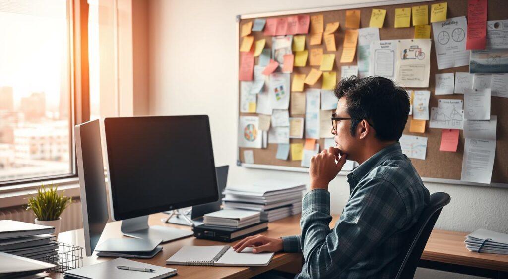 A busy office scene with a person sitting at a desk, deep in thought, surrounded by a variety of objects representing daily decision-making strategies. The foreground features a desktop computer, a notepad and pen, and a stack of papers. The middle ground showcases a bulletin board covered in Post-it notes, reminders, and diagrams. The background depicts a window overlooking a cityscape, with warm, natural lighting filtering in. The overall atmosphere conveys a sense of focus, organization, and the cognitive processes involved in navigating daily decisions.