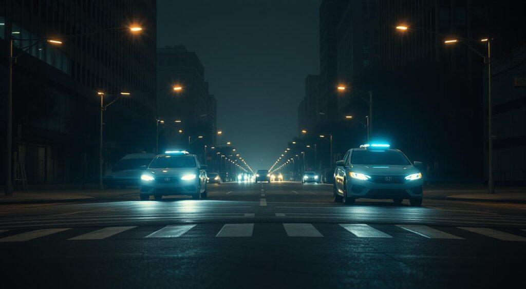A city street at night, dimly lit by streetlamps and the headlights of self-driving cars. In the center, two autonomous vehicles approach an intersection, frozen in a moment of ethical dilemma. The cars' sensors scan the environment, analyzing the potential outcomes as they prepare to make a split-second decision. The mood is tense, with a sense of uncertainty and the weight of moral responsibility hanging in the air. The scene is rendered in a photorealistic style, emphasizing the details of the cars' sleek, futuristic designs and the subtle interplay of light and shadow.
