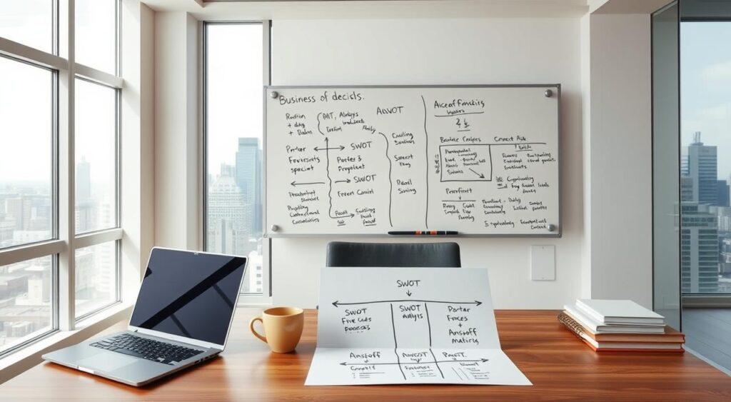 A clean, minimalist office interior with natural lighting and a warm, professional atmosphere. In the foreground, a wooden desk with a laptop, a coffee mug, and a few neatly arranged notebooks. On the desk, a hand-drawn diagram depicting interconnected business decision frameworks, such as SWOT analysis, Porter's Five Forces, and the Ansoff Matrix. In the middle ground, a large whiteboard with handwritten notes and diagrams related to strategic planning and risk assessment. The background features tall windows overlooking a bustling city skyline, creating a sense of urban productivity and dynamism.