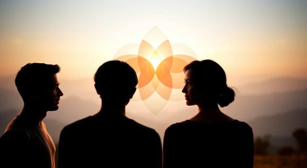 A collaborative scene depicting the "theory of mind" concept. In the foreground, two human figures engage in a thoughtful discussion, their expressions conveying deep understanding and mutual consideration. The middle ground showcases an abstract, symmetrical representation of the "ignorance model", with overlapping shapes and gradients symbolizing the interplay of perspectives. The background features a soft, ethereal landscape with gentle lighting, evoking a contemplative atmosphere. The overall composition suggests the harmony and balance inherent in the interplay of different mental models.