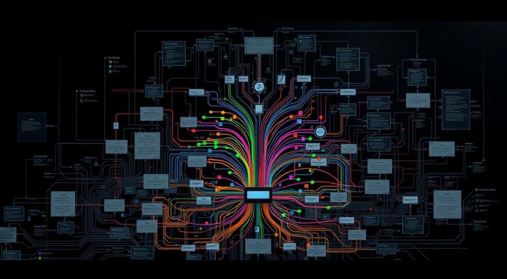 A complex system of interconnected feedback loops, represented by a detailed, highly technical schematic diagram. The foreground features a central node with numerous inputs and outputs, visualized as colorful arrows and lines. The middle ground showcases various subsystems, each with their own intricate web of relationships. The background depicts a dark, enigmatic environment, highlighting the inherent complexity and dynamic nature of the system. Rendered with a muted color palette, high-contrast lighting, and a sense of depth and dimensionality, to convey the weight and gravity of the subject matter. Captured through a wide-angle lens to provide a comprehensive, panoramic view of the system dynamics analysis.