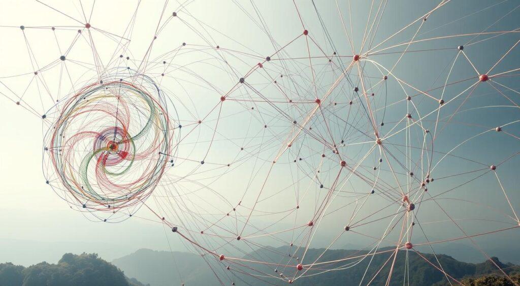 A complex web of interconnected feedback loops, each one influencing and amplifying the others. In the foreground, a hypnotic spiral of colorful lines and shapes, pulsing with energy and dynamism. In the middle ground, a network of nodes and connections, an intricate system of cause and effect. In the background, a hazy, dreamlike landscape, hinting at the broader context and the larger patterns at play. Soft, diffused lighting casts a contemplative glow, inviting the viewer to delve deeper into the nuances of this intricate, self-reinforcing system. Captured through a wide-angle lens, the scene conveys a sense of depth and scale, emphasizing the intricacy and interdependence of the various elements. A complex web of interconnected feedback loops, each one influencing and amplifying the others. In the foreground, a hypnotic spiral of colorful lines and shapes, pulsing with energy and dynamism. In the middle ground, a network of nodes and connections, an intricate system of cause and effect. In the background, a hazy, dreamlike landscape, hinting at the broader context and the larger patterns at play. Soft, diffused lighting casts a contemplative glow, inviting the viewer to delve deeper into the nuances of this intricate, self-reinforcing system. Captured through a wide-angle lens, the scene conveys a sense of depth and scale, emphasizing the intricacy and interdependence of the various elements.