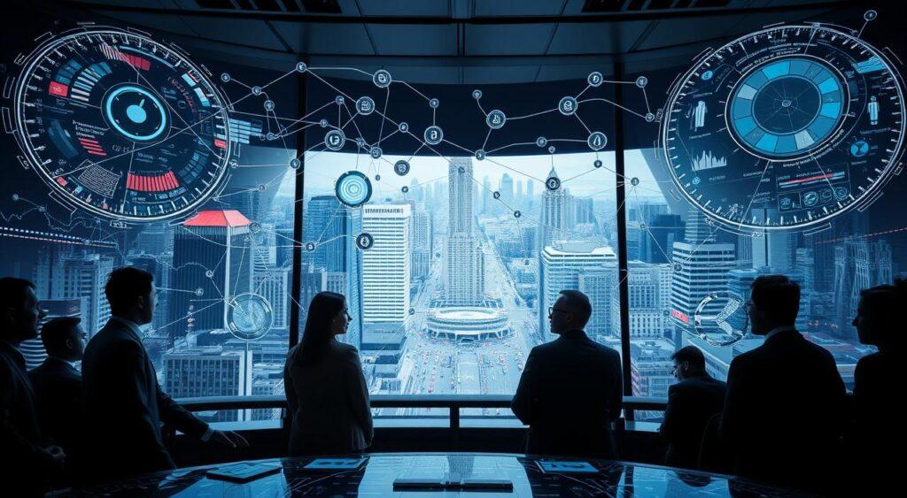 A complex web of interwoven financial risk models, displayed on a series of holographic displays in a dimly lit, high-tech control room. The foreground features a central panel with dynamic visualizations of risk factors, probabilities, and potential outcomes. In the middle ground, data analysts in business attire scrutinize the models, their expressions serious and intent. The background is a panoramic view of a bustling financial district, with skyscrapers and busy streets visible through large windows, creating a sense of the broader economic context. Subtle lighting casts dramatic shadows, adding depth and intensity to the scene. The overall atmosphere conveys the gravity and importance of financial risk management in the modern business world.