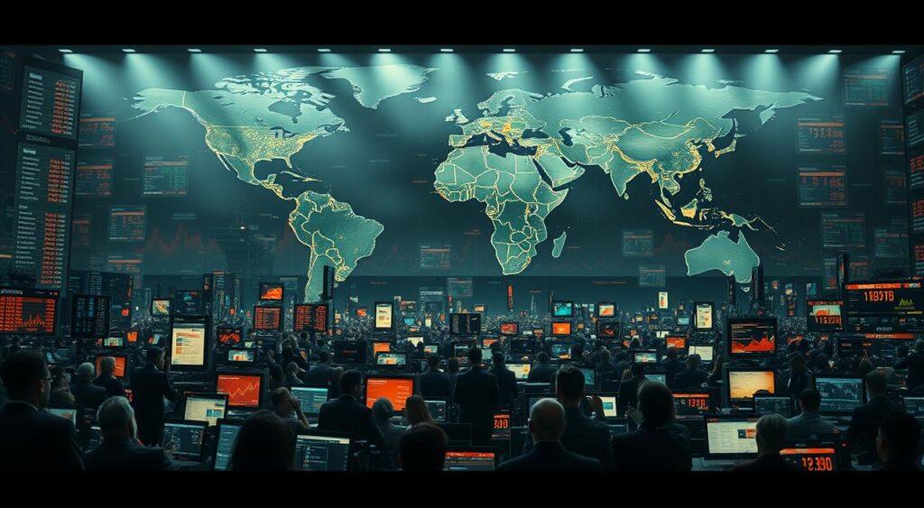 A comprehensive data visualization of the 2008 financial crisis, rendered in a cinematic style. In the foreground, a chaotic display of stock tickers, financial charts, and distressed investors reacting to the unfolding events. In the middle ground, a world map highlighting the global scale of the crisis, with key regions and economies illuminated. In the background, a dark, ominous atmosphere evokes the sense of looming economic disaster, with dramatic lighting and a moody color palette. The overall composition conveys the complexity, interconnectedness, and far-reaching consequences of the financial meltdown, serving as a powerful visual metaphor for the economic lessons to be learned. visualization of the 2008 financial crisis -irreducibility mental model