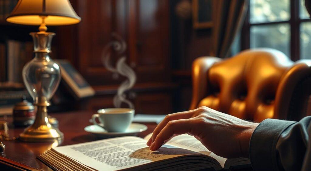 A cozy, dimly lit study with a mahogany desk and leather chair. On the desk, an open book, a brass lamp, and a cup of steaming tea. In the foreground, the hand of a pensive individual rests on the page, deep in thought. Soft, warm lighting illuminates the scene, creating an atmosphere of contemplation and focus. The background is blurred, creating a sense of depth and drawing the viewer's attention to the decision-making process unfolding before them. The overall mood is one of quiet introspection and intellectual engagement.