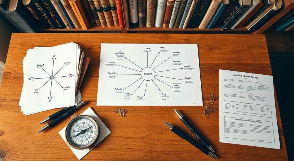 A crisply lit top-down view of a wooden table, with various decision-making models arranged neatly. In the foreground, a well-worn compass, a pair of elegant fountain pens, and a stack of glossy paperclips. In the middle ground, a circular diagram with multiple intersecting arrows, a mind map with branching connections, and a series of step-by-step flowcharts. In the background, a tasteful bookshelf filled with volumes on strategy, psychology, and leadership. The overall mood is one of thoughtful analysis, strategic planning, and rational deliberation.