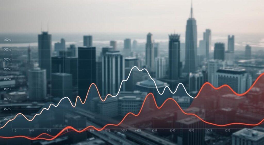 A data-driven visualization of market volatility analysis, capturing the ebb and flow of financial trends. A dynamic line graph dominates the foreground, its peaks and valleys tracing the historical performance of key indices. Surrounding this central visualization, a heatmap-style overlay depicts volatility patterns, with warm hues signaling periods of heightened uncertainty. In the background, a muted cityscape provides a sense of scale, its skyscrapers and infrastructure alluding to the broader economic landscape. Soft, directional lighting casts subtle shadows, enhancing the sense of depth and emphasizing the data's narrative. The overall composition conveys a thoughtful, analytical exploration of market dynamics.