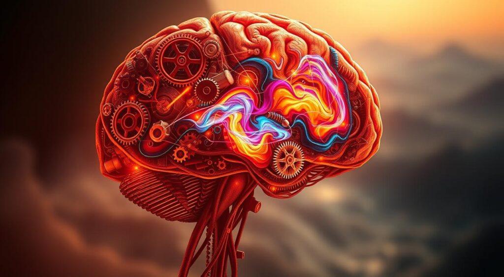 A detailed cross-section of the human mind, illuminated by a warm, soft light. In the foreground, a complex network of interconnected gears, cogs, and mechanisms, symbolizing the intricate psychological processes that shape our thoughts and behaviors. The middle ground features a vibrant, swirling array of colors and shapes, representing the dynamic interplay of emotions, memories, and perceptions. In the background, a hazy, dreamlike landscape suggests the subconscious realm where our deepest motivations and biases reside. The overall composition conveys a sense of depth, mystery, and the intangible nature of the human psyche.