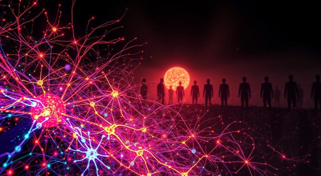 A detailed, intricate illustration of the emergence of consciousness from the neural networks of the brain. In the foreground, a vibrant, multicolored neural network pulses with energy, representing the dynamic interplay of neuronal activity. In the middle ground, ghostly silhouettes of neurons and synapses coalesce, forming the intricate pathways of the mind. In the background, a hazy, ethereal glow emanates, symbolizing the elusive, ineffable nature of consciousness itself. Dramatic chiaroscuro lighting casts dramatic shadows, lending an air of mystery and wonder. Rendered with a photorealistic style, the image conveys the profound complexity and beauty of the human mind. emergence of consciousness from the neural networks of the brain-irreducibility mental model