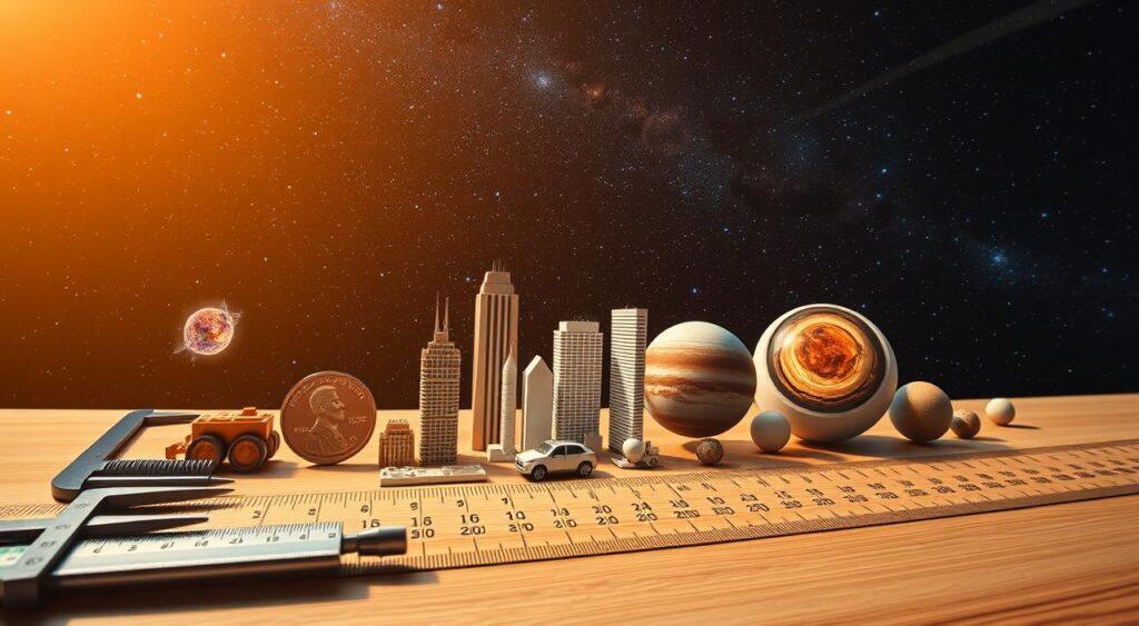 A detailed, scientific scale comparison depicting a diverse array of objects, from the microscopic to the cosmic. In the foreground, a precisely rendered set of rulers, calipers, and precision instruments, illuminated by warm, directional lighting. In the middle ground, a seamless progression of objects - a single cell, a penny, a car, a skyscraper, a planet, a solar system, and a galaxy - each scaled proportionally to convey the stunning range of magnitudes. The background features a serene, starry night sky, creating a sense of awe and wonder at the vast scales of the universe. Captured with a wide-angle lens, the image exudes a sense of meticulous scientific observation and discovery.