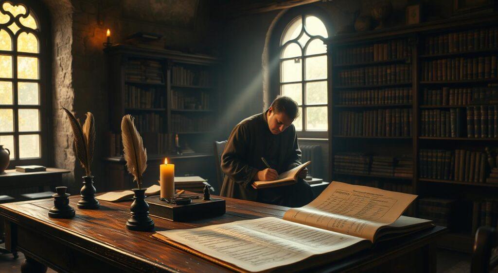 A dimly lit Renaissance-era accounting office, the air thick with the scent of parchment and candlelight. In the foreground, a weathered oak desk is adorned with quills, inkwells, and a large leather-bound ledger. A shaft of warm light from a nearby window illuminates the intricate penmanship and carefully balanced columns of numbers. In the middle ground, a scholar in a tattered robe hunches over his work, meticulously recording transactions in the company's accounts. Bookcases line the walls, their shelves sagging under the weight of ancient tomes on mathematics, finance, and economics. The atmosphere is one of quiet contemplation, a testament to the meticulous nature of the double-entry bookkeeping system that emerged during this pivotal period in the history of accounting.