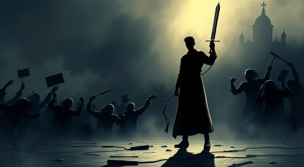 A dimly lit, high-contrast illustration showcasing the contrast between logical arguments and false compromises. In the foreground, a figure representing logical reasoning stands tall, wielding a shining sword of truth. Surrounding them, a swirling maelstrom of shadowy figures symbolizing fallacious thinking and specious compromises. The background is shrouded in a hazy, unsettling atmosphere, emphasizing the urgency of the struggle between the two ideological forces. Dramatic lighting casts sharp, angular shadows, lending an air of high-stakes drama to the scene. The overall composition conveys the idea of an intellectual battleground, where reason and fallacy clash for supremacy.