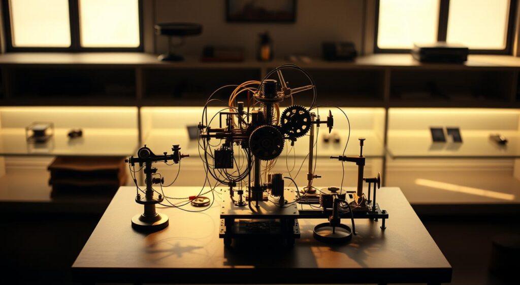 A dimly lit laboratory setting, with a table in the center showcasing a kinematic mental models experiment. On the table, a complex apparatus of interconnected gears, levers, and pulleys, demonstrating the intricate mechanisms of human cognition. Soft, warm lighting casts shadows, creating a thoughtful, contemplative atmosphere. The background is blurred, focusing the viewer's attention on the mesmerizing display of the experiment. The camera angle is slightly elevated, giving a bird's-eye view, inviting the observer to engage with the subtle details and the underlying principles of the mental simulation process.