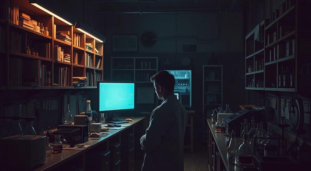 A dimly lit laboratory, with various scientific instruments and equipment scattered across the workbenches. In the foreground, a scientist intently observing a computer monitor, their face illuminated by the soft glow of the display. Shelves filled with books and test tubes line the walls, casting shadows that create a pensive, introspective atmosphere. The air is thick with the scent of chemicals and the hum of machinery, suggesting a deep exploration of the unknown. The scene conveys a sense of inquiry, as the scientist delves into the intricacies of the &quot;map is not the territory&quot; mental model, uncovering its nuances and implications through meticulous testing and analysis.