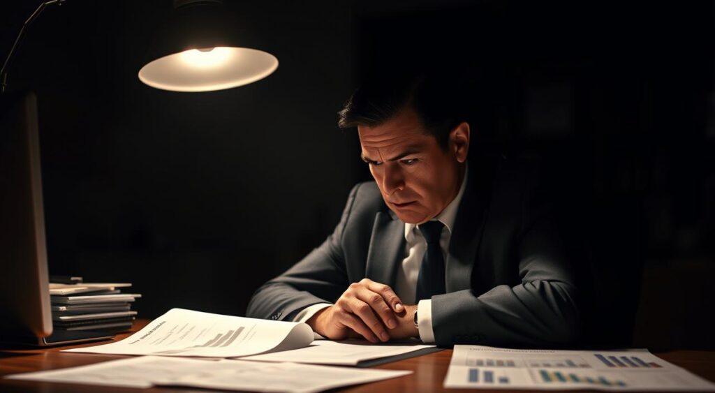 A dimly lit office interior, a leader sitting at a desk deep in contemplation. Overhead lighting casts dramatic shadows, highlighting the furrowed brow and pensive expression. On the desk, financial reports and decision-making frameworks compete for attention, symbolizing the complex tradeoffs and biases inherent in high-stakes choices. The background is slightly blurred, drawing the viewer's focus to the central figure grappling with the opportunity cost dilemma, a visual metaphor for the mental models required to navigate leadership challenges. The scene conveys a sense of gravity and thoughtfulness, inviting the viewer to consider the weight of consequential decisions.