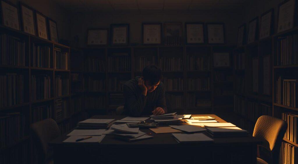A dimly lit office, the walls lined with bookshelves and framed degrees. In the center, a desk with a cluttered surface, papers and pens scattered haphazardly. Behind the desk, a figure sits hunched over, lost in thought. Shadows cast across the face, obscuring their expression. Soft, warm lighting pools around the desk, creating a sense of isolation and introspection. The atmosphere is one of cognitive dissonance, the figure caught in the throes of mental processes that defy simple logic. The scene evokes the complex interplay of biases, heuristics, and mental shortcuts that shape our perception and decision-making, even in the most rational of settings.