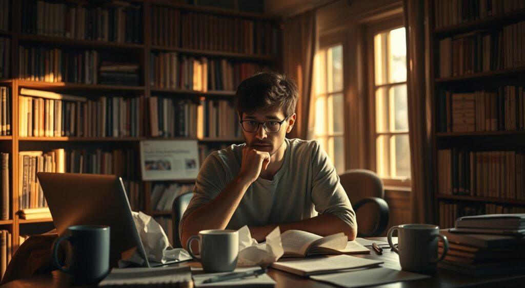 A dimly lit study room, bookshelves lining the walls, casting a warm glow. On the desk, a laptop displays conflicting news articles, representing the selective focus of confirmation bias. A person sits, deep in thought, surrounded by crumpled notes and half-empty coffee mugs, their expression a mixture of determination and frustration. Warm, golden light filters through the window, highlighting the complexity of the mental process unfolding. The scene conveys the struggle to reconcile new information with existing beliefs, the allure of familiarity, and the challenge of embracing cognitive flexibility.