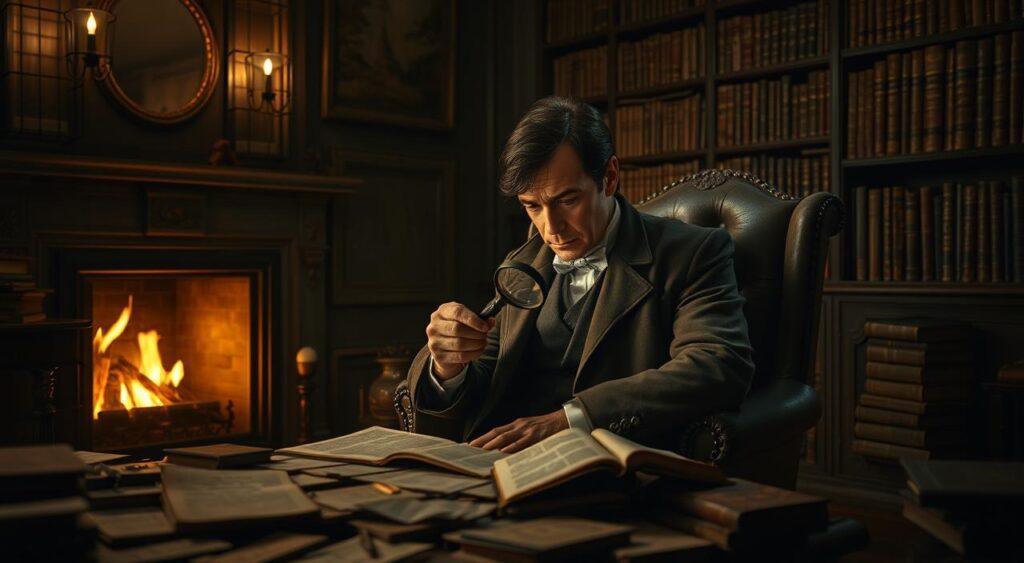 A dimly lit study, the glow of a fireplace casting a warm, contemplative atmosphere. In the center, Sherlock Holmes sits in his armchair, his brow furrowed in deep concentration, a magnifying glass in hand as he examines a complex array of clues spread out before him. The walls are adorned with shelves of ancient tomes, a testament to his vast knowledge and razor-sharp intellect. The scene is one of focused deduction, where the logical mind meticulously eliminates the impossible, leaving only the truth. Soft, dramatic lighting illuminates the scene, highlighting the intensity of Holmes' gaze and the intricacies of the evidence he scrutinizes, as he seeks to unravel the mysteries of the world through his unique philosophy of reason and observation.