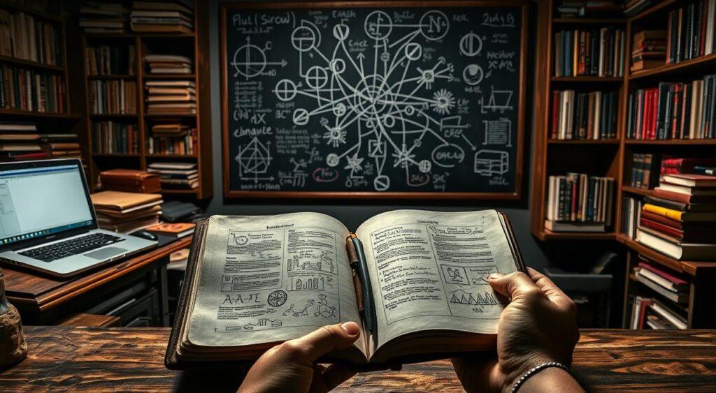 A dimly lit study with a weathered wooden desk, stacks of books, and a laptop computer. In the foreground, a pair of hands hold open a leather-bound notebook, revealing detailed sketches and notes. The middle ground features a chalkboard displaying a web of interconnected concepts, mathematical equations, and scientific diagrams. In the background, shelves filled with reference materials and scientific journals cast dramatic shadows, creating a pensive, contemplative atmosphere. Soft, directional lighting illuminates the scene, emphasizing the depth and textures of the environment. A sense of deep, analytical thought pervades the image, capturing the essence of "case studies first principles thinking."