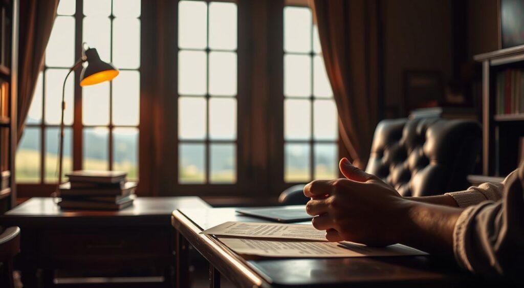 A dimly lit study with a wooden desk, a worn leather chair, and a small stack of books. In the foreground, a person's hands rest on the desk, fingers laced together, as they contemplate a complex problem. The lighting is warm and focused, casting a soft glow on the scene. In the background, a large window allows a view of a serene, natural landscape, suggesting a sense of clarity and contemplation. The overall atmosphere is one of deep thought and analysis, with a focus on the fundamental truths underlying the problem at hand.