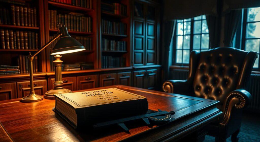 A dimly lit study with mahogany bookshelves, a heavy oak desk, and a leather armchair. On the desk, a well-worn copy of "Security Analysis" by Benjamin Graham sits next to a pair of sturdy engineering calipers, symbolizing the intersection of value investing and safety engineering. The room is bathed in a warm, amber glow from a brass desk lamp, casting long shadows that hint at the careful calculations and meticulous analysis that takes place here. The atmosphere is one of quiet contemplation, where the pursuit of a margin of safety is a continuous, disciplined process.