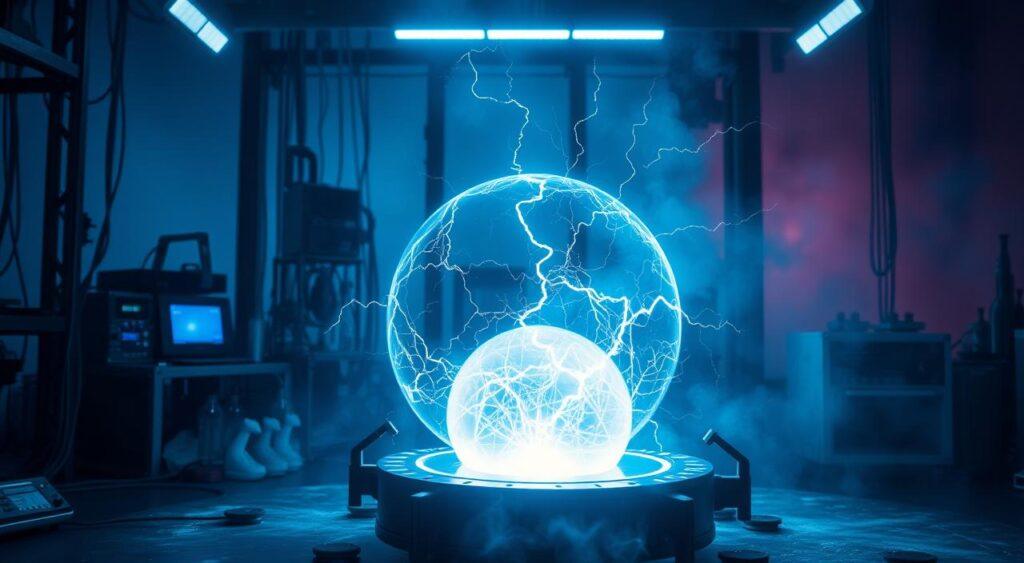 A dramatic scene of critical mass and activation energy. In the foreground, a glowing sphere of energy pulses with an intense, crackling charge. Surrounding it, a complex array of scientific instruments and equipment, bathed in a cool, blue-tinted light. In the middle ground, shadows cast by the pulsing sphere create a sense of depth and tension. The background is shrouded in a hazy, atmospheric mist, hinting at the larger context of this scientific experiment. The overall composition conveys a sense of high-stakes scientific discovery, the threshold of a pivotal moment of activation and transformation.