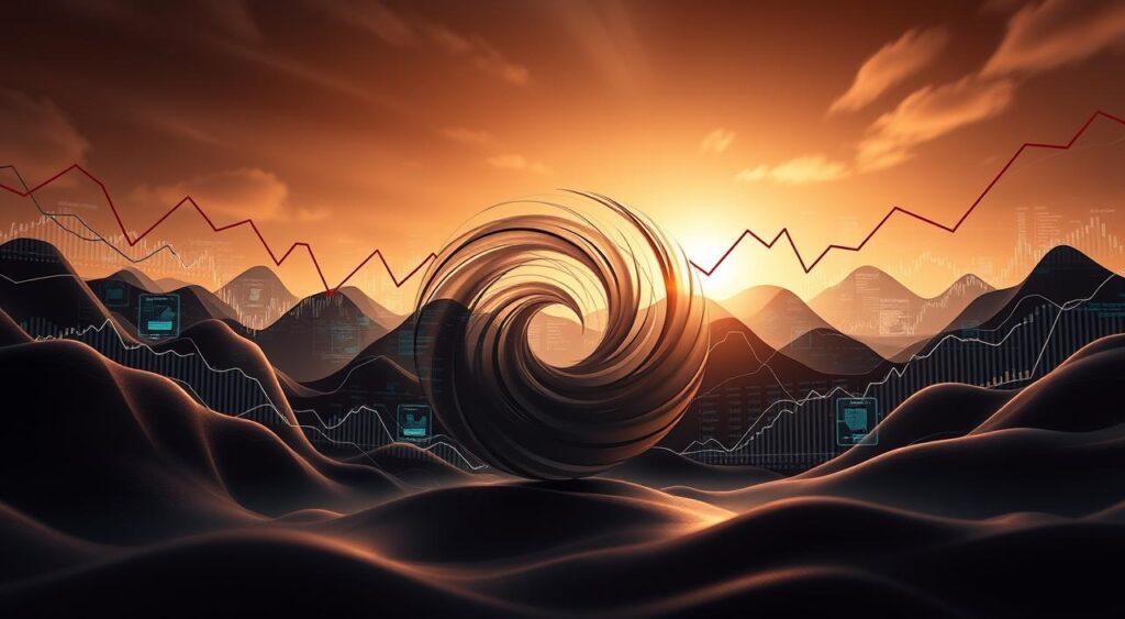 A dynamic financial market landscape, with upward and downward trending lines representing the cyclical nature of market movements. In the foreground, a central swirling vortex symbolizes the reflexive interplay between investor sentiment and market behavior. The middle ground features abstract data visualizations and overlapping geometric shapes, conveying the complex, interconnected systems that drive market cycles. The background bathes the scene in a soft, warm glow, evoking a sense of contemplation and introspection. Cinematic lighting casts dramatic shadows, enhancing the depth and three-dimensional quality of the composition. The overall mood is one of analytical contemplation, inviting the viewer to explore the foundations of reflexivity in financial markets.