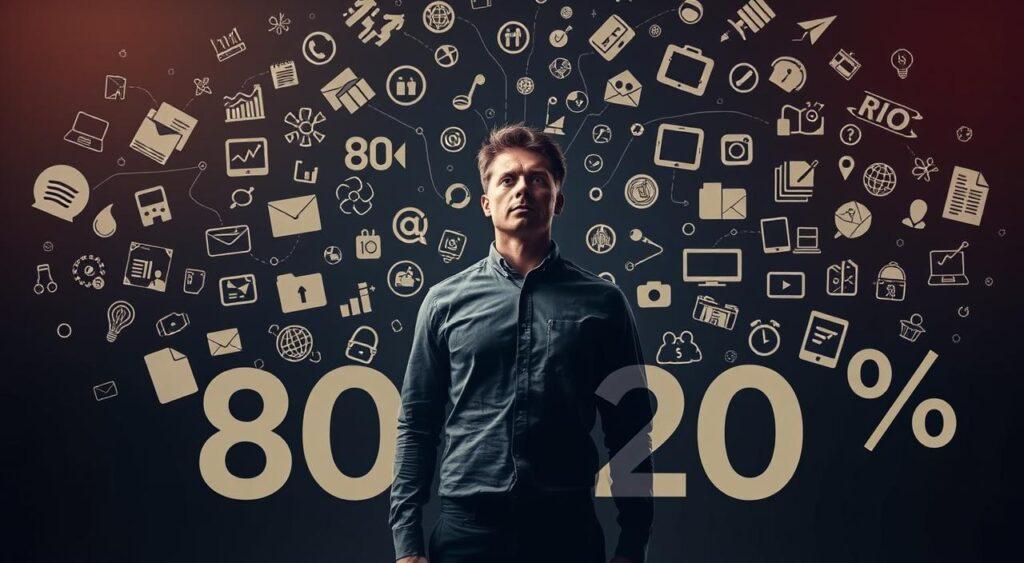 A focused individual stands in the center of the frame, surrounded by a swirl of tasks and distractions. The foreground depicts the 80/20 rule, with a prominent 80% and 20% ratio visually represented. The middle ground showcases a variety of work-related icons, folders, and digital devices, all interconnected and vying for attention. The background is dimly lit, with a sense of depth and perspective, highlighting the importance of prioritizing the essential 20% that drives the most impact. The lighting is soft and warm, creating a contemplative atmosphere, inviting the viewer to reflect on the power of effective focus and productivity.