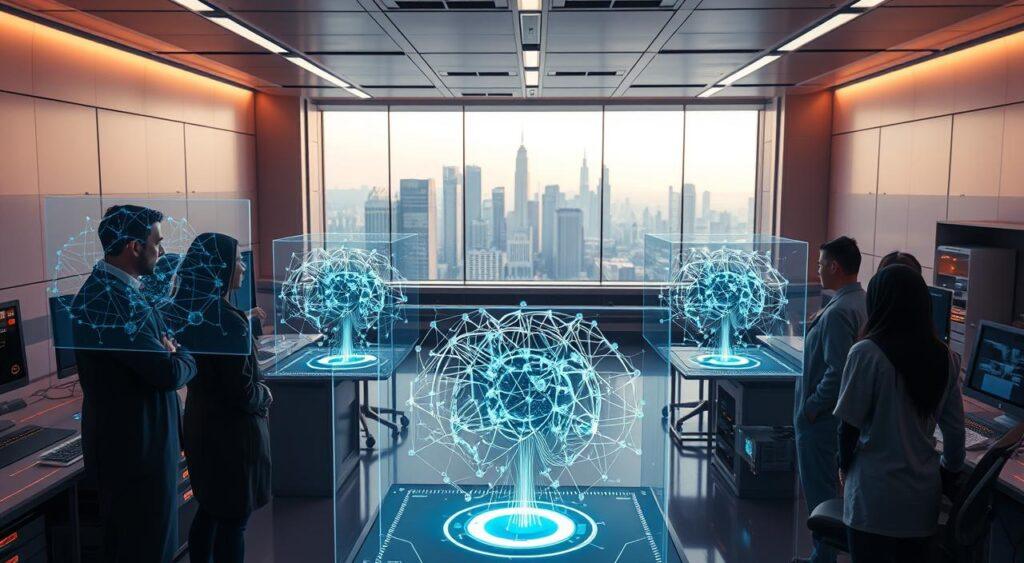A futuristic laboratory setting, bathed in a soft, ambient glow. In the foreground, a team of researchers intently observing a series of holographic displays, each depicting a complex AI decision-making simulation. The simulations show intricate, evolving networks of interconnected nodes, representing the dynamic thought processes of artificial intelligences. The middle ground features advanced computational hardware, blinking lights, and sleek, minimalist workstations. In the background, a panoramic window offers a view of a sleek, high-tech cityscape, hinting at the broader technological landscape in which these AI experiments are taking place. The overall atmosphere is one of intense focus, scientific exploration, and the sense of pushing the boundaries of what is possible in the realm of artificial intelligence.