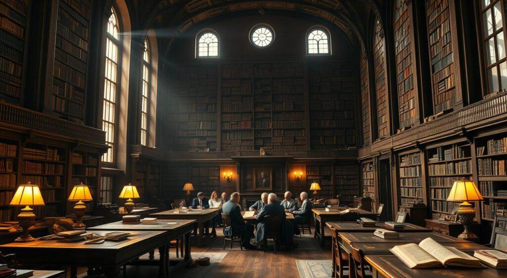 A grand library, dimly lit, with towering bookshelves lining the walls. Antique desks and chairs dot the space, their wood weathered by time. In the center, a group of scholars sit in thoughtful discussion, their faces illuminated by the soft glow of lamps. Sunlight filters in through tall windows, casting a warm, nostalgic hue over the scene. Scattered throughout are symbols of historical behavioral models - ancient tomes, scrolls, and parchments with intricate diagrams. The atmosphere is one of intellectual rigor and timeless wisdom, a testament to the enduring influence of these foundational theories. A grand library, dimly lit, with towering bookshelves lining the walls. Antique desks and chairs dot the space, their wood weathered by time. In the center, a group of scholars sit in thoughtful discussion, their faces illuminated by the soft glow of lamps. Sunlight filters in through tall windows, casting a warm, nostalgic hue over the scene. Scattered throughout are symbols of historical behavioral models - ancient tomes, scrolls, and parchments with intricate diagrams. The atmosphere is one of intellectual rigor and timeless wisdom, a testament to the enduring influence of these foundational theories.