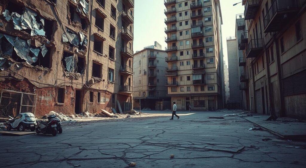 A gritty urban landscape, the crumbling facades of dilapidated buildings loom large, their broken windows like yawning mouths. Shards of glass glint in the harsh sunlight, casting jagged shadows on the cracked pavement below. Litter and debris clutter the scene, creating a sense of neglect and abandonment. In the distance, a lone figure navigates the desolate streets, their steps echoing the disrepair that surrounds them. The atmosphere is one of unease, a tangible manifestation of the "broken windows theory" and the way environmental cues can shape human behavior and perception. A gritty urban landscape, the crumbling facades of dilapidated buildings loom large, their broken windows like yawning mouths. Shards of glass glint in the harsh sunlight, casting jagged shadows on the cracked pavement below. Litter and debris clutter the scene, creating a sense of neglect and abandonment. In the distance, a lone figure navigates the desolate streets, their steps echoing the disrepair that surrounds them. The atmosphere is one of unease, a tangible manifestation of the "broken windows theory" and the way environmental cues can shape human behavior and perception.
