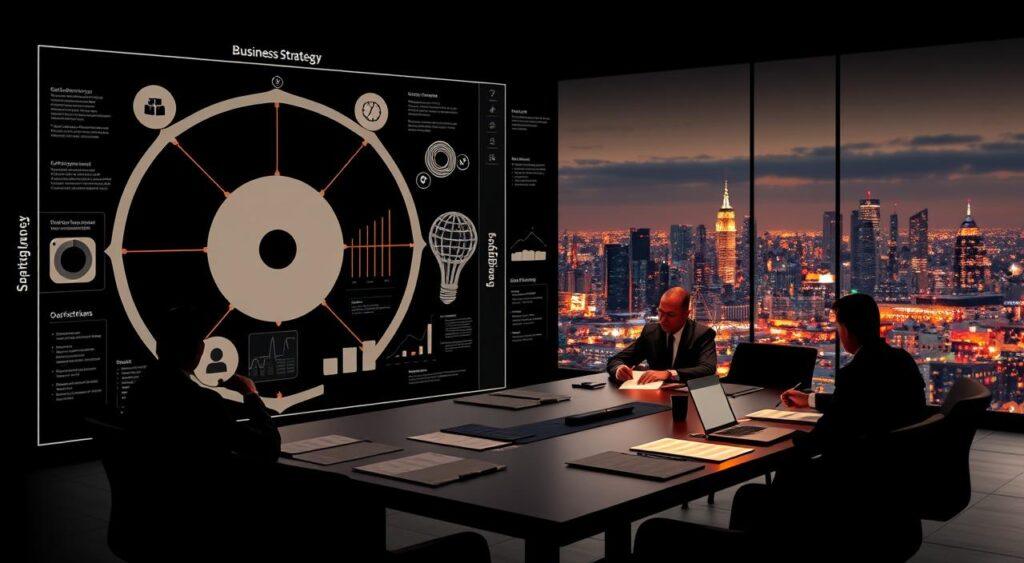 A high-contrast, hyper-realistic digital illustration of a comprehensive business strategy model. The foreground features a sleek, minimalist diagram with interlocking geometric shapes, graphs, and data visualizations, conveying the complexity and interconnectedness of strategic planning. The middle ground showcases a boardroom setting with a large conference table, executives in formal attire engaged in a heated discussion, illuminated by warm, directional lighting. The background is a panoramic cityscape, hinting at the global scope and ambitious nature of the strategic initiatives. The overall mood is one of intellectual rigor, analytical precision, and high-stakes decision-making, reflecting the gravity and importance of the historical wisdom mental model in the real world of business.