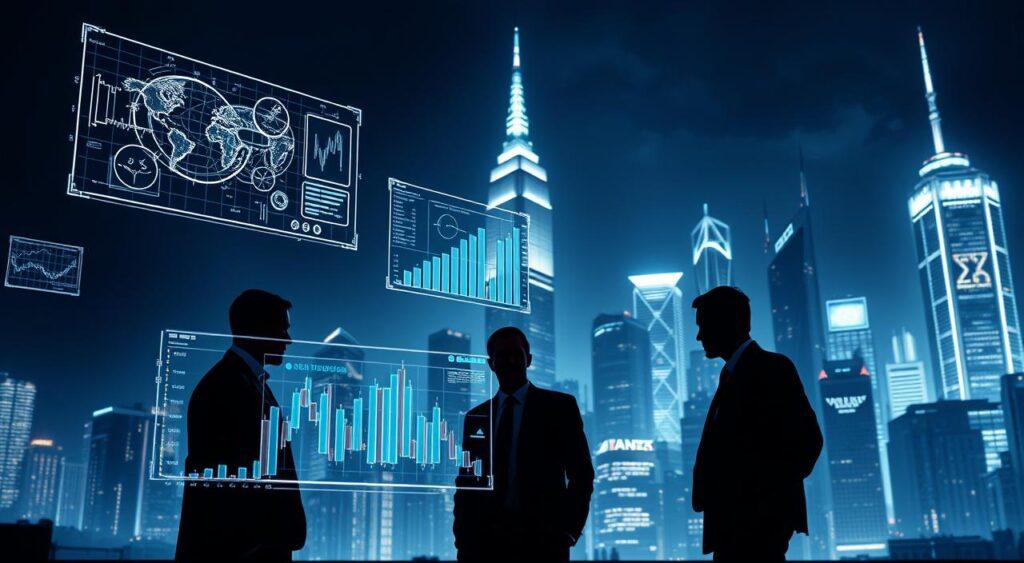 A highly detailed technical rendering of financial risk models, set against a backdrop of a tense, high-contrast cityscape. In the foreground, a series of complex wireframe diagrams and data visualizations float, illuminated by a cool, ethereal light. In the middle ground, silhouetted figures in business attire study the models intently, their expressions grave. The background depicts a towering, neon-lit skyline, its sharp angles and shadows suggesting an atmosphere of uncertainty and impending crisis. The lighting is dramatic, with deep shadows and highlights that emphasize the gravity of the subject matter. The overall tone is one of analytical precision and foreboding.