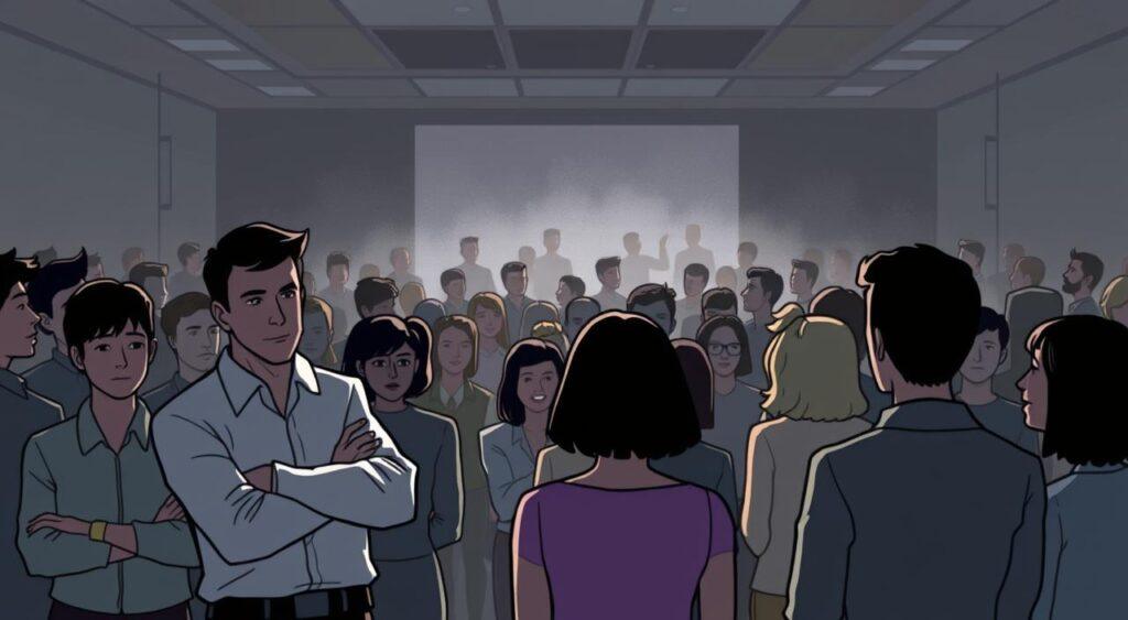A large group of people gathered in a dimly lit conference room, their faces and bodies obscured by shadows. In the foreground, a few individuals appear disengaged, their arms crossed and eyes downcast, while others in the middle ground seem more animated, gesturing and interacting. The background is hazy, suggesting a sense of decreased productivity and energy as the group size increases. The lighting is soft and moody, creating a pensive, introspective atmosphere that reflects the impact of group size on overall productivity. Ringelmann Effect Mental Model- the impact of group size on overall productivity.