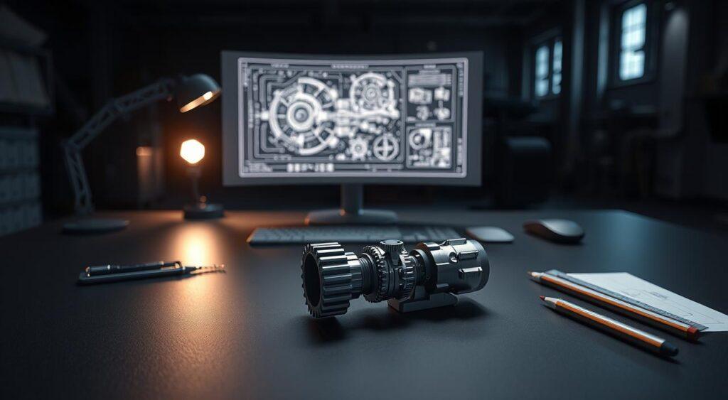 A meticulously crafted engineering scale design, captured in a high-resolution, photorealistic rendering. The scene features a sleek, minimalist workstation with a complex technical diagram displayed on a curved monitor, casting a soft glow across the space. In the foreground, a precision-engineered scale model of a mechanical component rests on a matte black surface, its intricate details and subtle textures inviting closer inspection. The middle ground showcases an array of drafting tools, including a flexible ruler, a protractor, and a set of mechanical pencils, arranged in a visually striking composition. The background subtly fades into a dimly lit, industrial-inspired environment, hinting at the broader context of the engineering process.