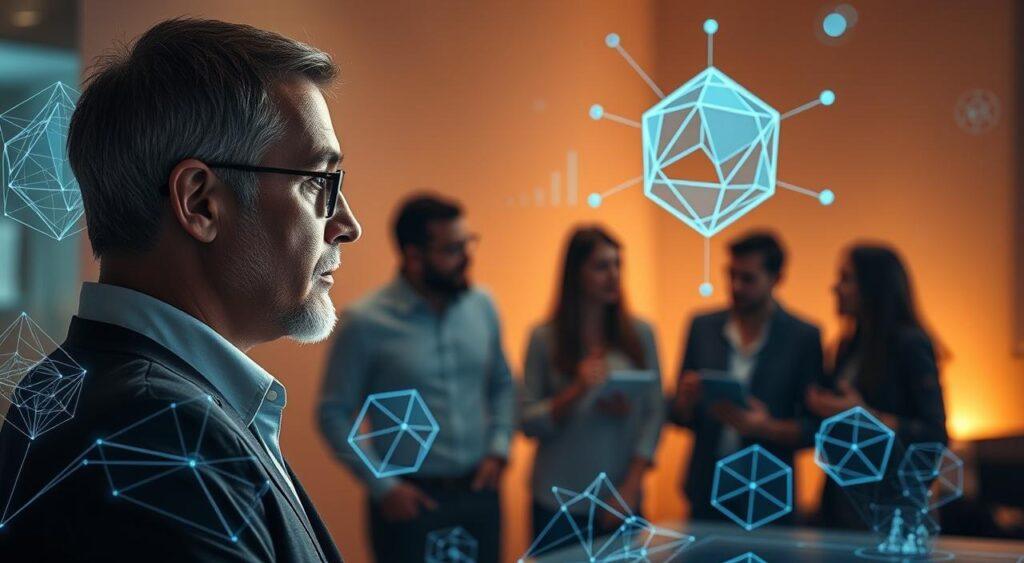 A meticulously crafted scene depicting the essence of first principles thinking for strategic breakthroughs. In the foreground, a pensive leader gazes intently at a holographic display, surrounded by wireframe models and abstract geometric shapes. The mid-ground features a team of collaborators engaged in animated discussion, their expressions reflecting a sense of discovery and innovative problem-solving. The background is bathed in a warm, diffused lighting, evoking a contemplative, almost meditative atmosphere. The overall composition conveys a balance of analytical rigor, creative ideation, and a steadfast commitment to uncovering fundamental truths that can unlock transformative strategies.